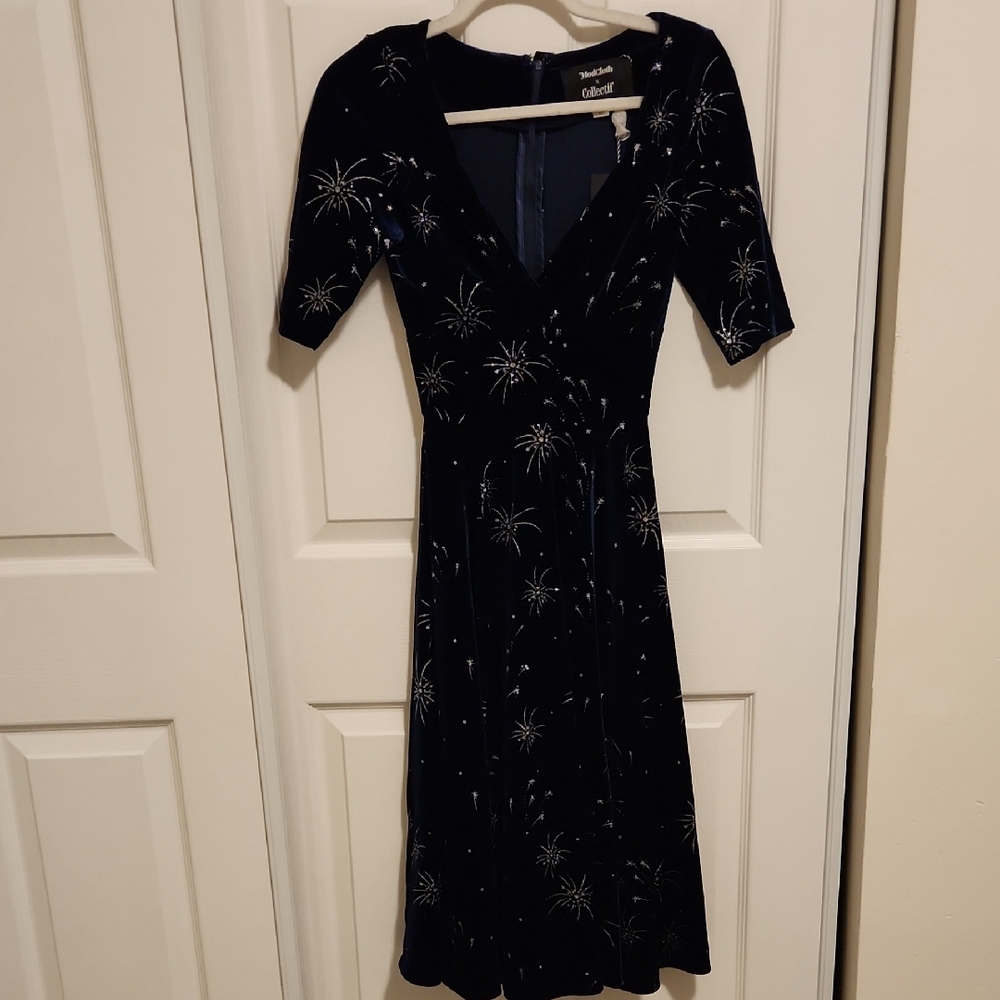 Collectif Blue Fit and Flare Midi Dress V-Neck Cocktail
